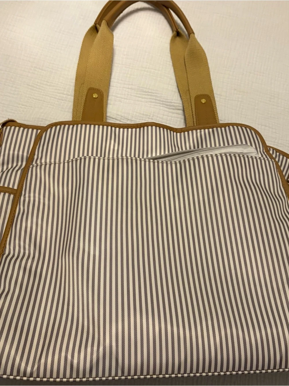 Skip Hop Grey & Cream Striped Gender Neutral Diaper Bag w Ubbi Changing Pad